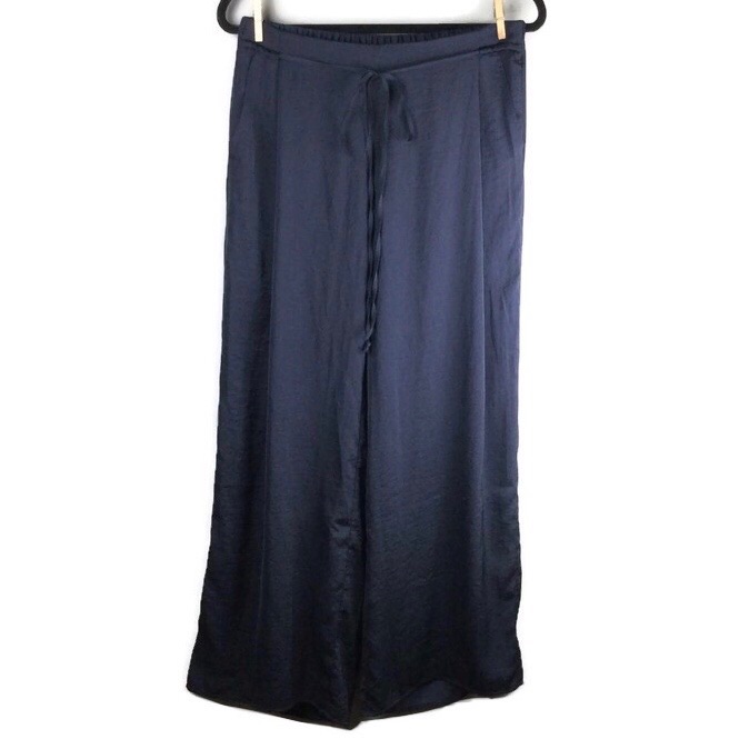 Soft Surroundings Satin Wide Leg Tie Waist Pull-On Navy Pants Sz Small